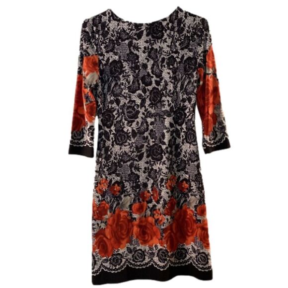 Papillon Women’s Black Floral Red Rose Long Sleeve Midi Dress (Size Small) - Picture 2 of 7